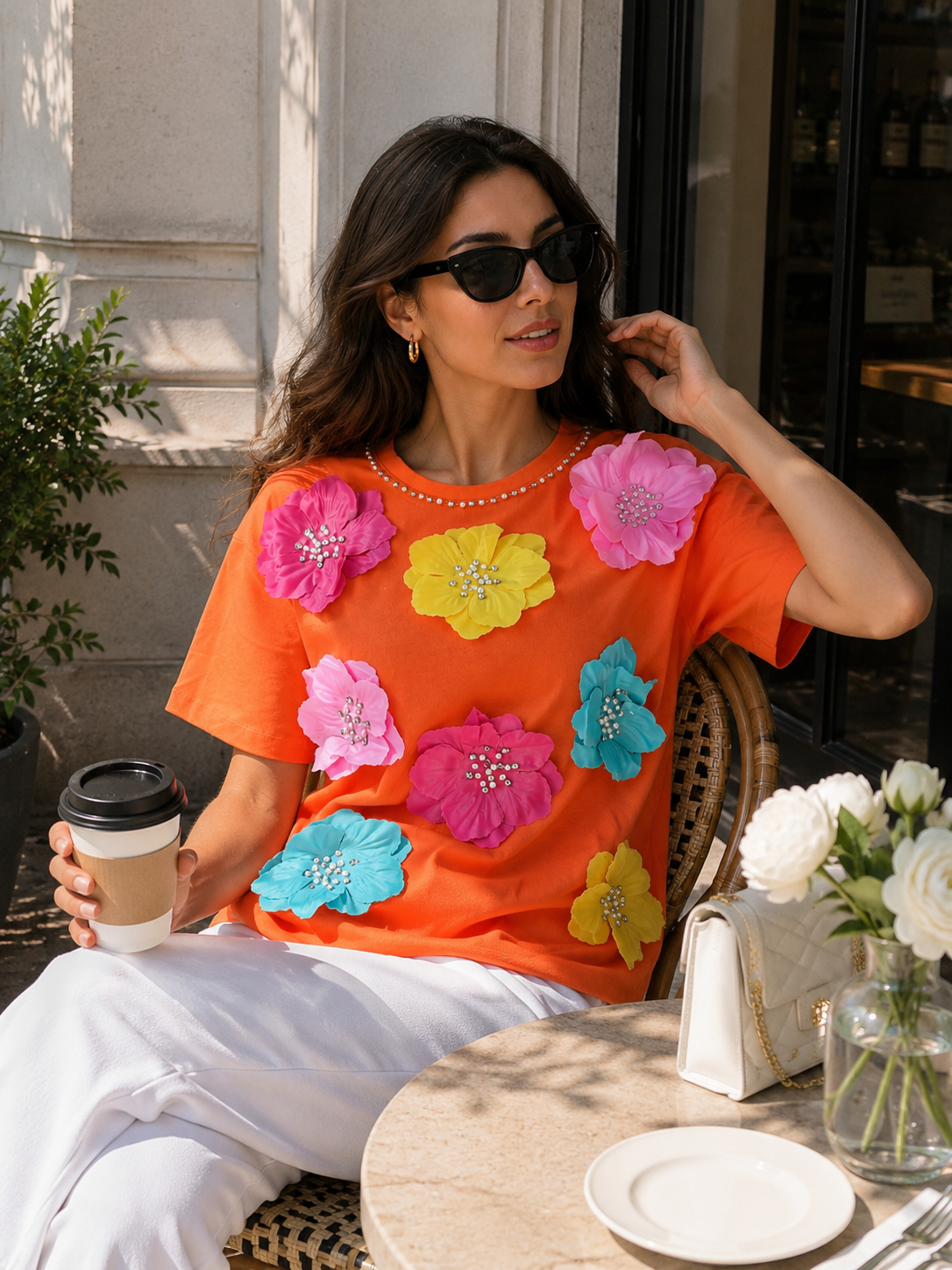 Orange Floral Appliqué T-Shirt