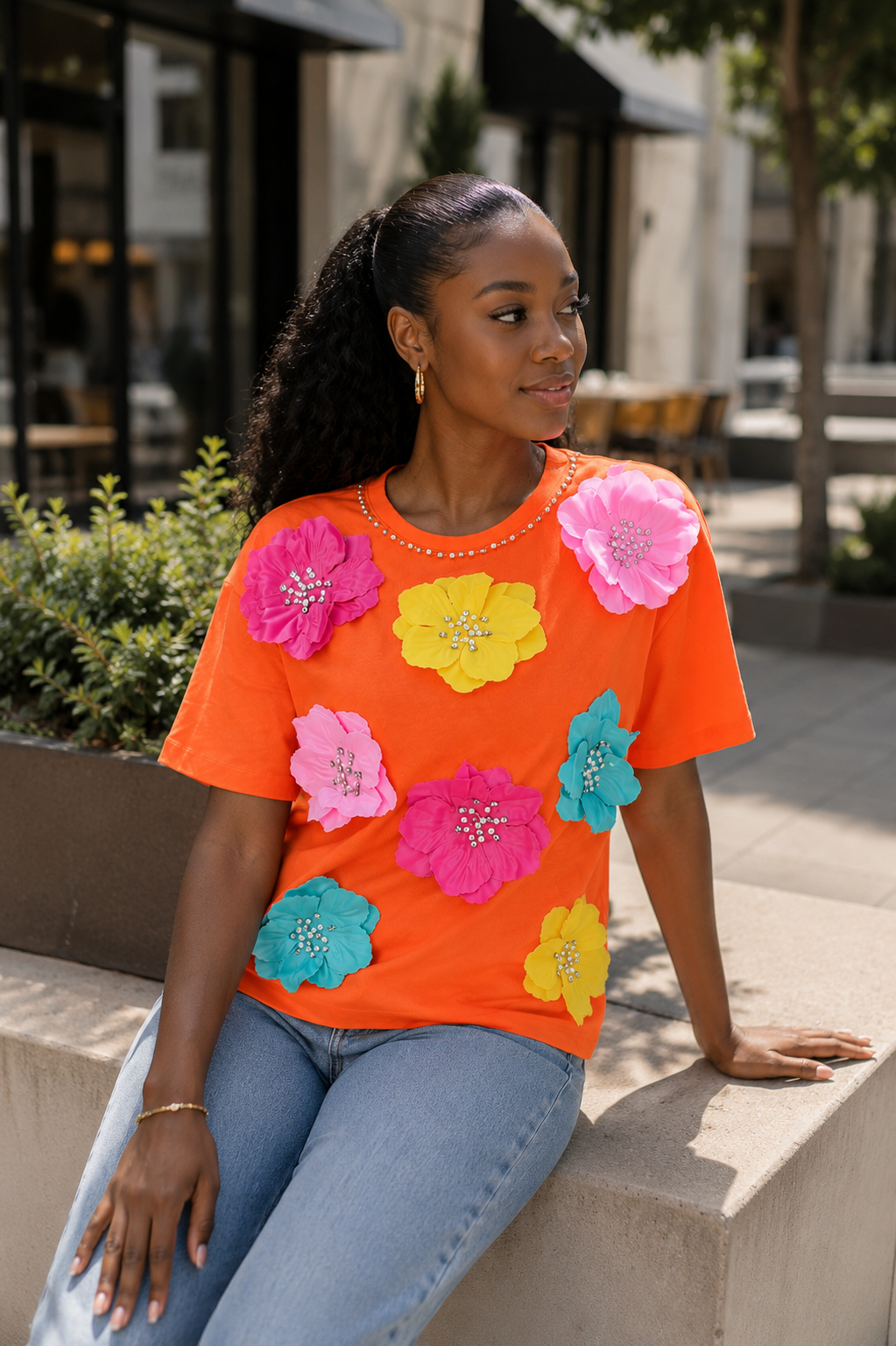 Orange Floral Appliqué T-Shirt