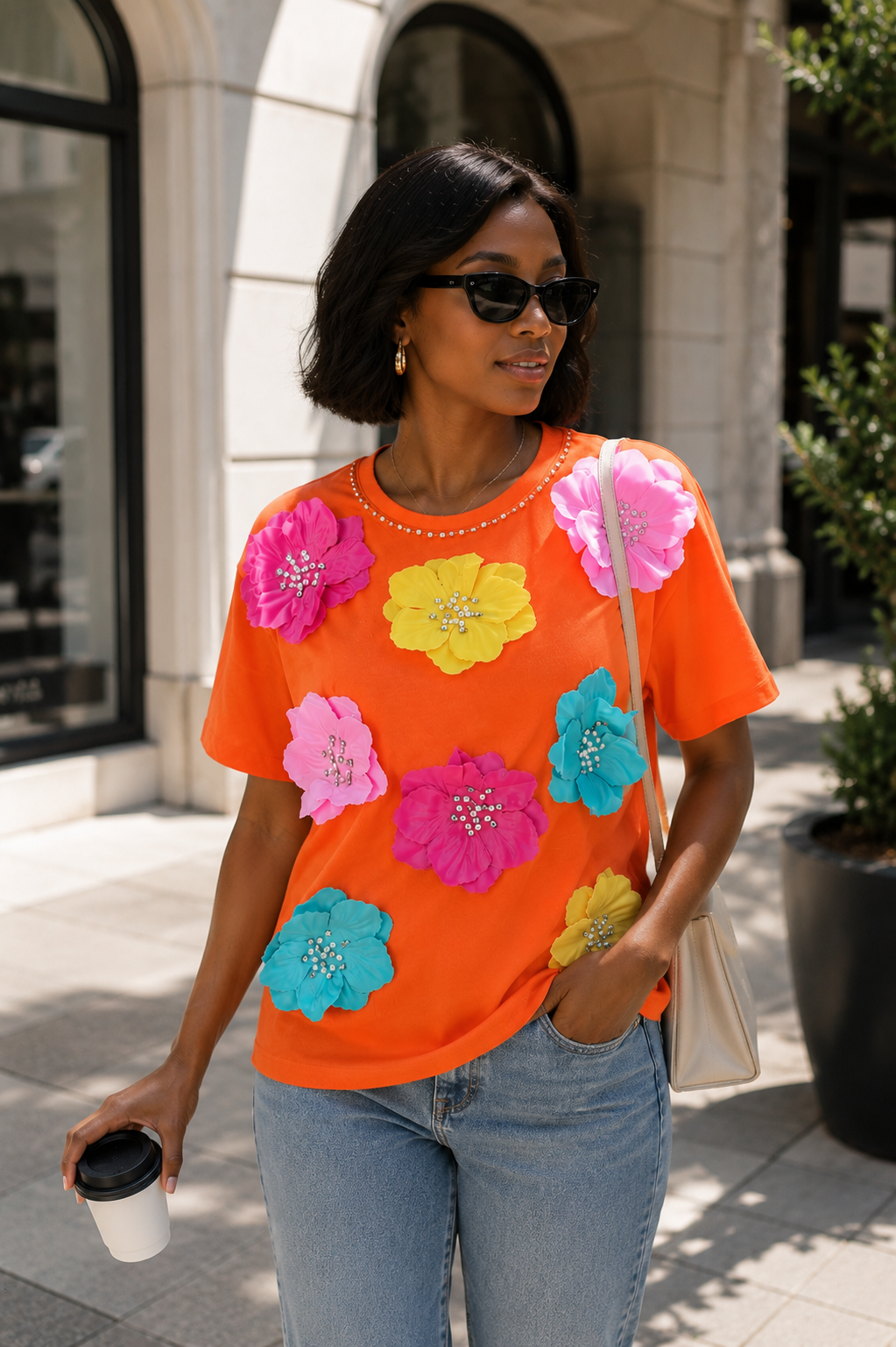 Orange Floral Appliqué T-Shirt