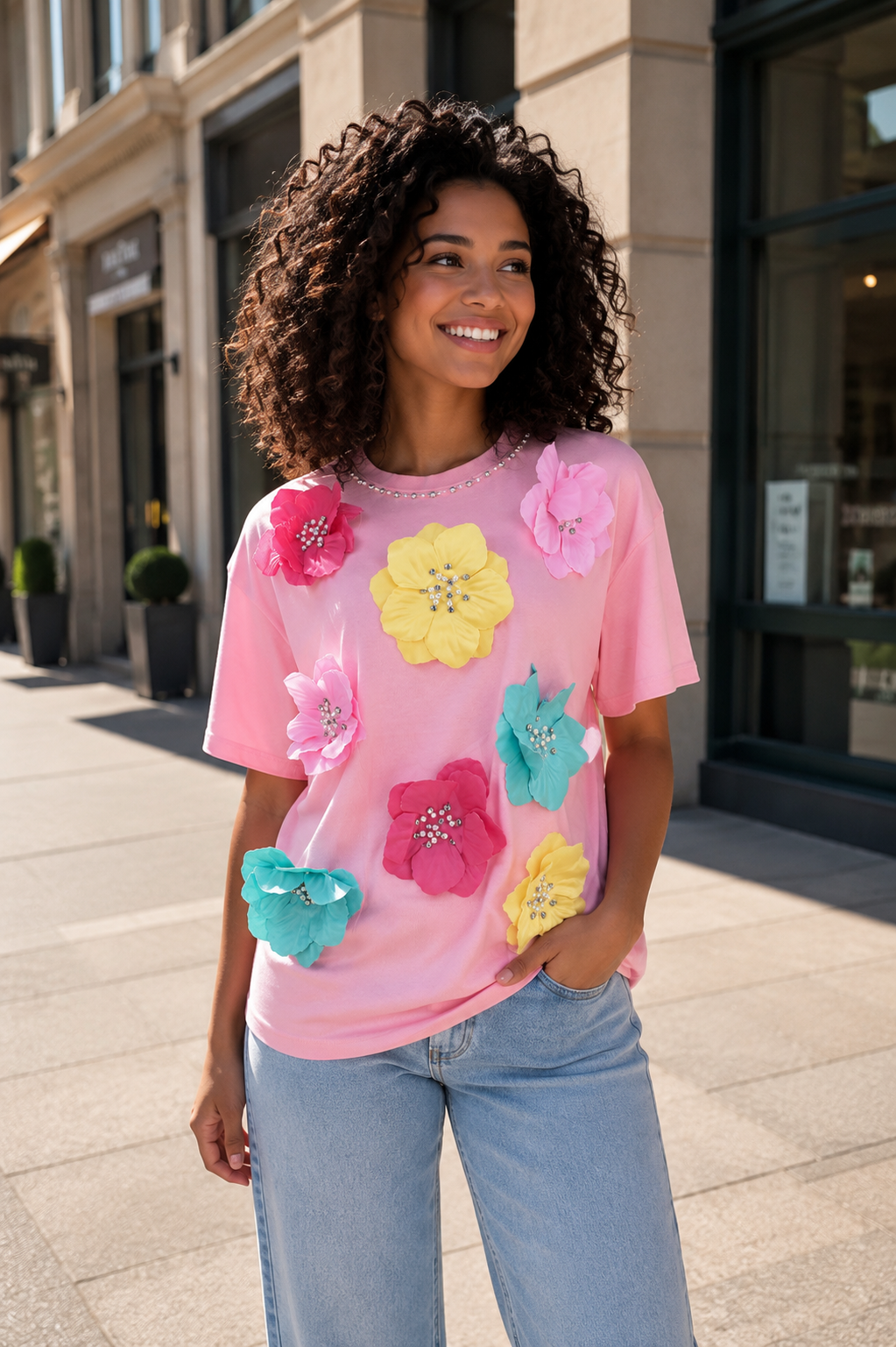Orange Floral Appliqué T-Shirt
