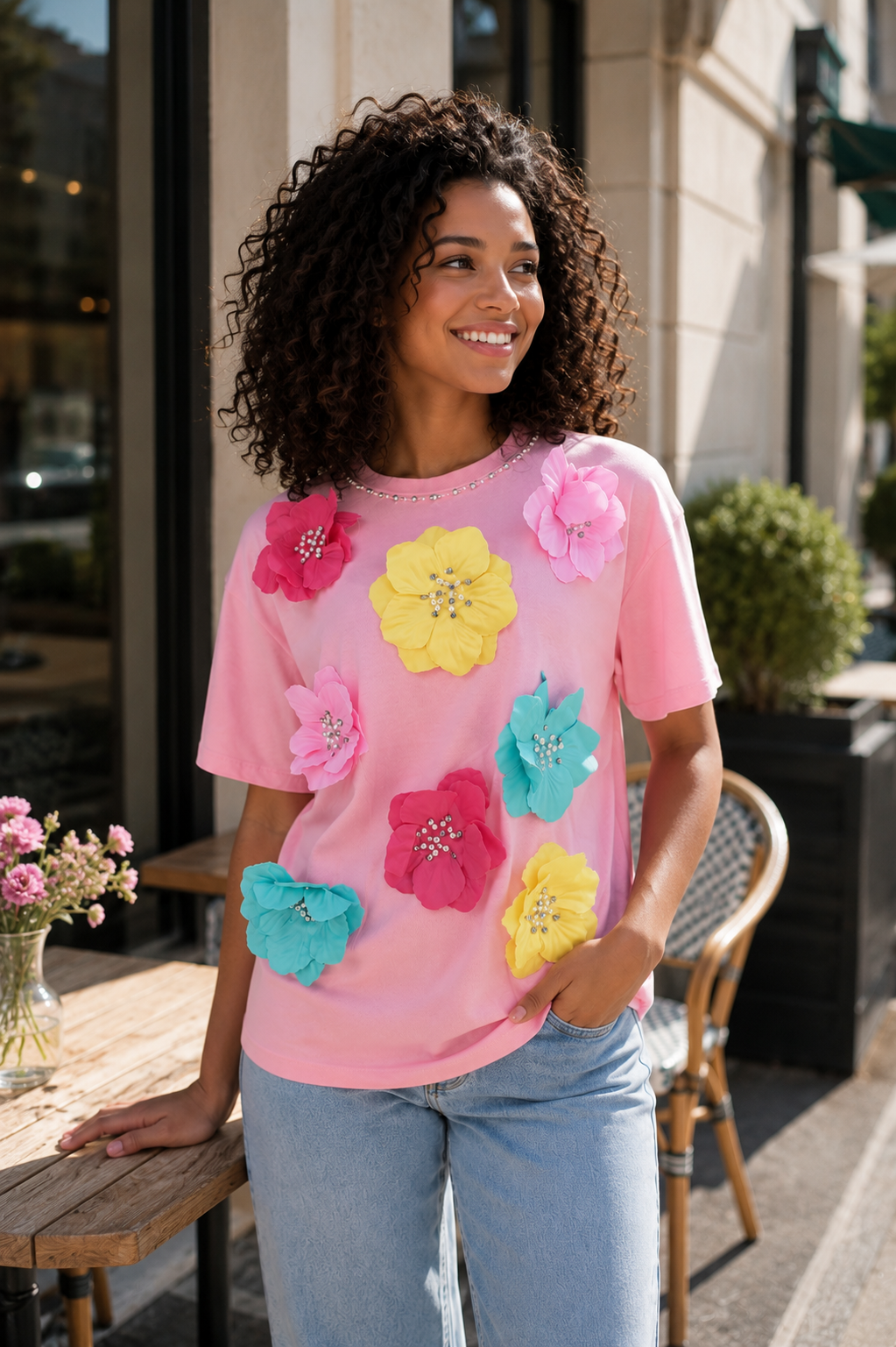 Orange Floral Appliqué T-Shirt