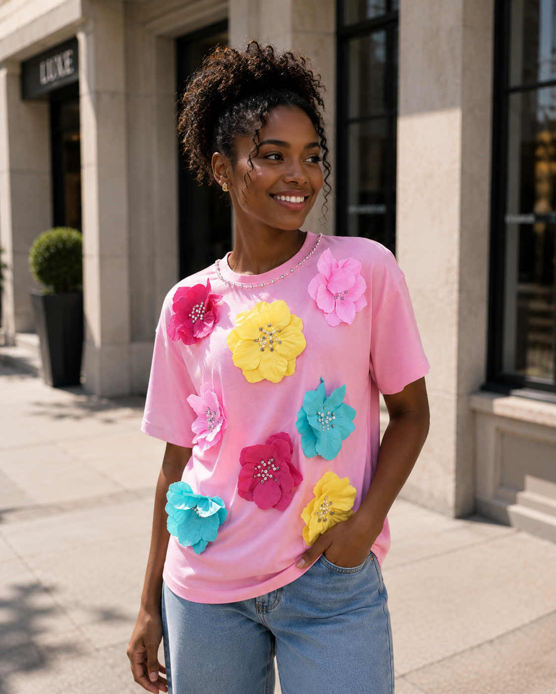 Orange Floral Appliqué T-Shirt