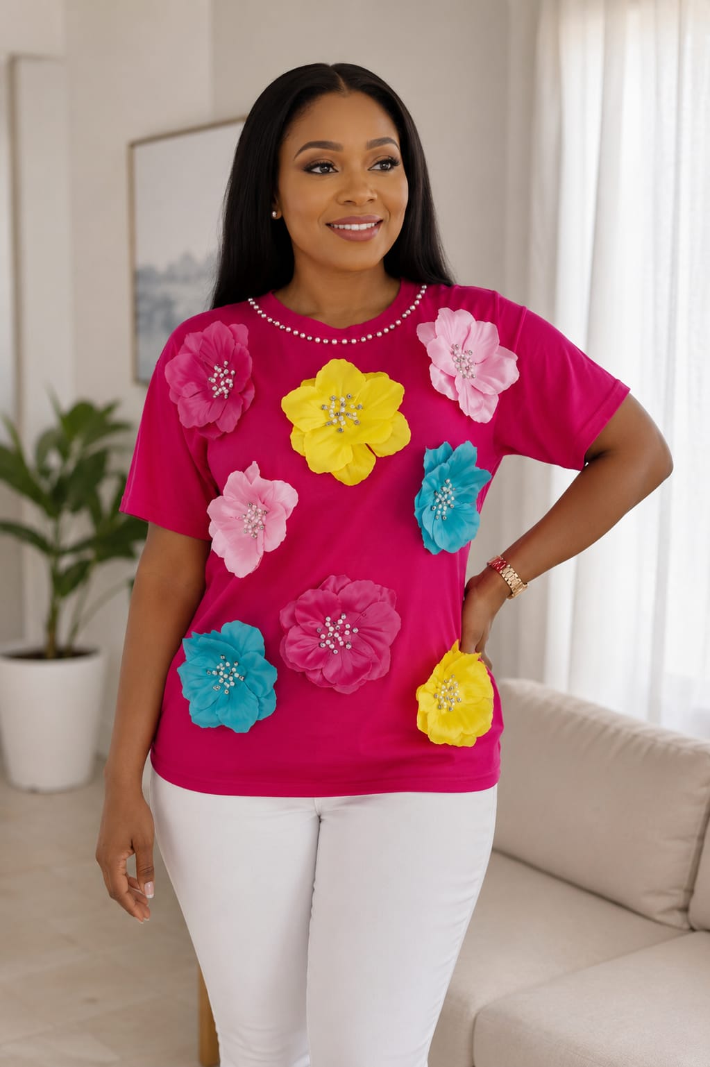 Orange Floral Appliqué T-Shirt